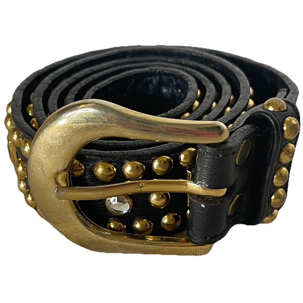 Black Studded Faux Leather Belt Gold Tone Buckle Rhinestone Accent Women's Small